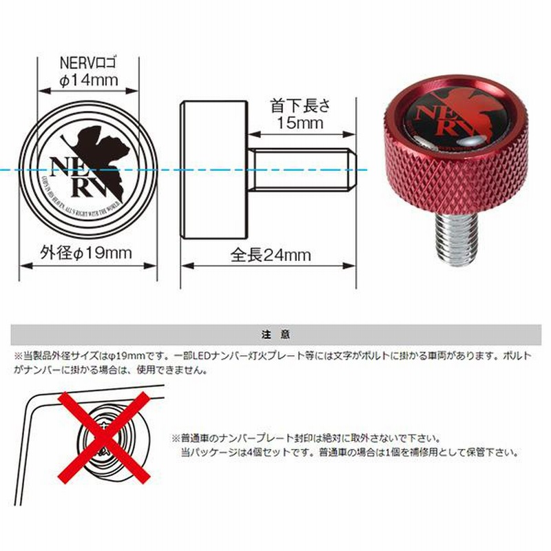 ネルフ自動車用ナンバープレートボルトVer.2 Red 赤 NERVロゴ 2