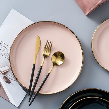 北歐輕奢莫蘭迪金邊陶瓷盤子粉嫩少女心可愛陶瓷盤餃子盤甜品盤