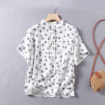 原創設計文藝雙層棉紗印花立領短袖襯衣夏季寬松透氣淺藍上衣襯衫