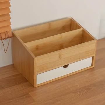 沐慕家居 竹製桌面收納盒  白色 + 原木色  1個