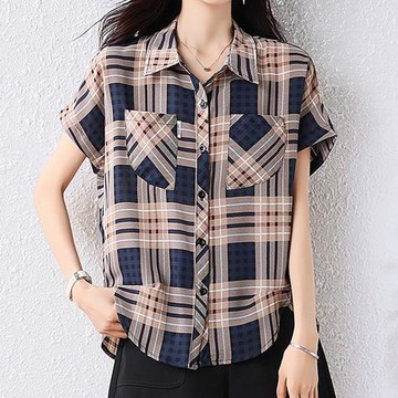 麗質達人 - 7018連肩袖藍格紋上衣-LY