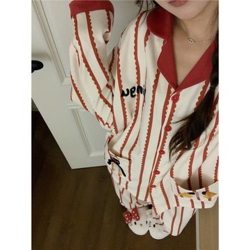 純棉睡衣女長袖春秋季可外穿帶胸墊pingu企鵝刺繡休閑家居服套裝