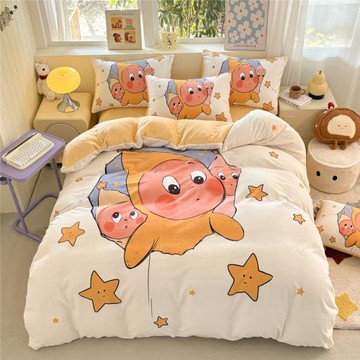 星星人牛奶絨床上四件套女兒童可愛卡通冬季加厚珊瑚絨被套三件套