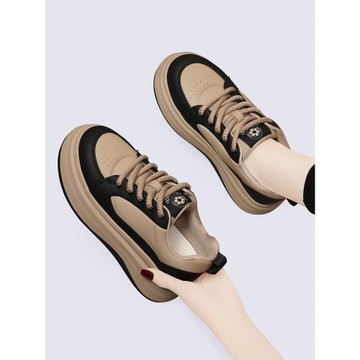 真皮厚底增高板鞋女款2025年新款春夏季百搭休閑平底圓頭運動鞋子