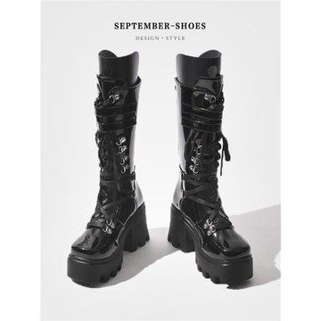 男女同款朋克增高厚底騎士靴女粗跟哥特風y2k暗黑亞文化中筒鞋子