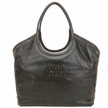 miu miu IVY 大型 字母仿舊納帕羊皮肩背托特包(咖啡棕)