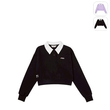 【FILA】女性 長袖 復古短版POLO衫-黑色 5POY-1436-BK