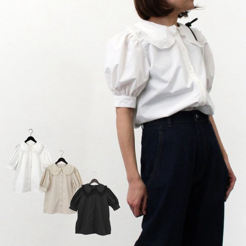 シャツ ブラウス 半袖 5分袖 パフスリーブ フリル 白 黒 秋 トップス レディース 通販 Lineポイント最大get Lineショッピング