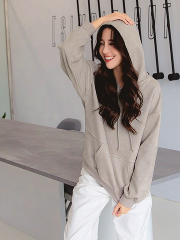 純色質感柔軟麂皮連帽長袖上衣