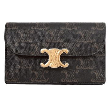 CELINE TRIOMPHE 金屬LOGO印花長款翻蓋零錢卡包.深咖