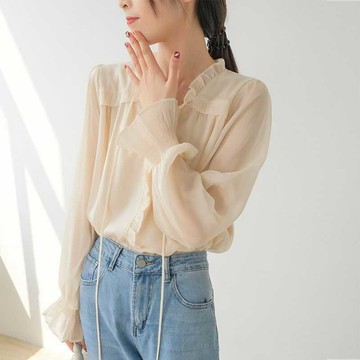 🚀台灣出貨+虧本衝評🚀日本🇯🇵 杏色仙氣長袖防曬襯衫女2026夏季新款復古燈籠袖上衣透視雪紡襯衣