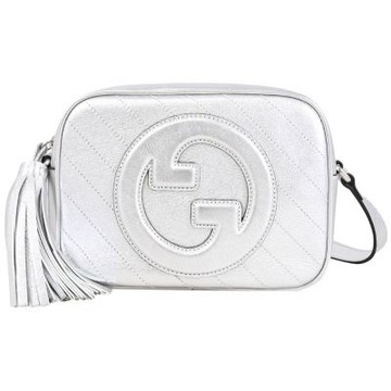 GUCCI 雙G LOGO斜車線皮革拉鍊斜背相機包(銀)