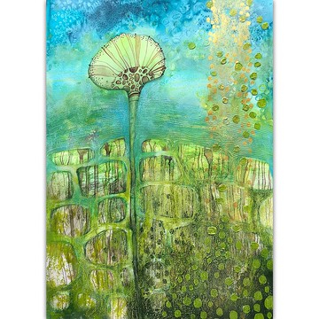 藍綠的熱帶花卉繪畫藍綠色原創藝術幻想牆藝術