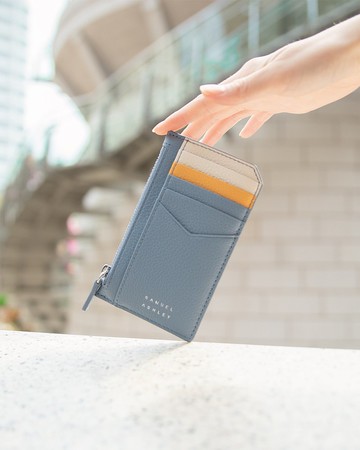 【意大利皮革】Nicky真皮卡片套連拉鍊口袋 - 丹寧藍 可加購印名