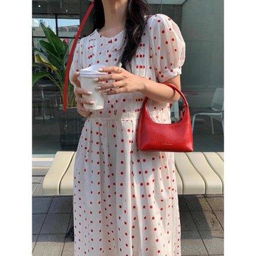 韓國chic夏季復古氣質圓領拼接高腰顯瘦壓褶撞色波點短袖連衣裙女
