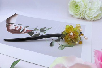 檸檬手作髮飾  黃瑪瑙牡丹花黑檀木髮簪