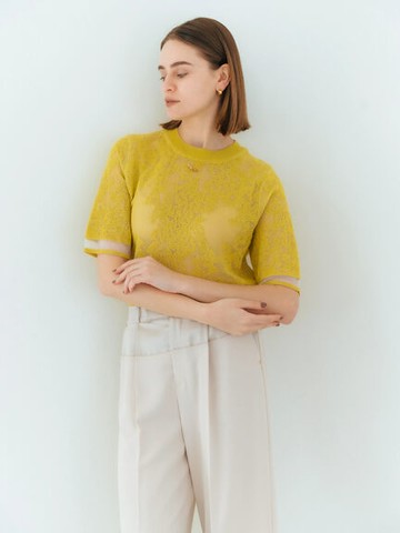 質感蕾絲緹花紋透明針織短袖上衣(7A42L2C0100) - YECCA VECCA