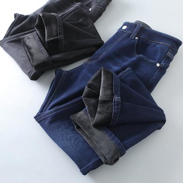 外貿尾單冬季蓄熱加絨內里男士時尚重工水洗磨白加厚直筒牛仔褲潮