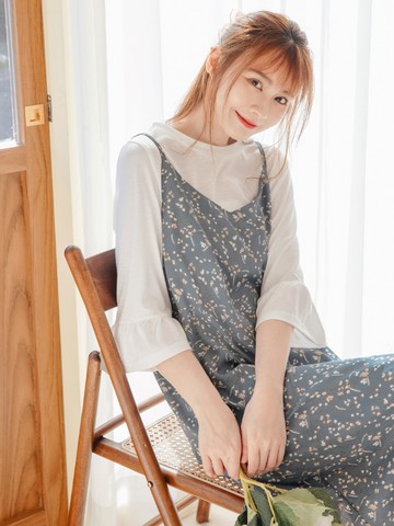 真兩件！荷葉袖T恤/上衣+細肩印花洋裝