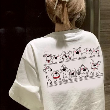前後圖-多隻狗狗趴線上 純棉 短T 情侶T【Y1242】MIT 情侶裝 短袖T恤 班服 加大尺碼 男女可穿 快速出貨