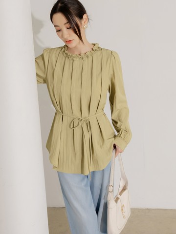 花邊領打褶腰綁帶長袖上衣