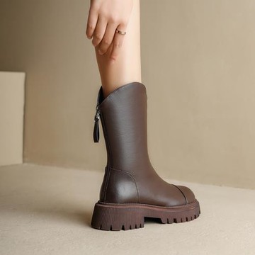 大碼粗跟馬丁靴女41一43百搭厚底后拉鏈中筒瘦瘦靴秋冬季中跟短靴