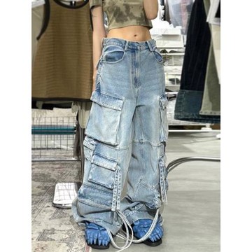 (免運)DDNX美式復古多口袋水洗直筒工裝牛仔褲男女街頭闊腿嘻哈潮牌褲子