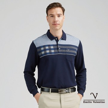 【Emilio Valentino范倫鐵諾】男裝保暖棉質磨毛長袖POLO衫 藍(15-4V8977)