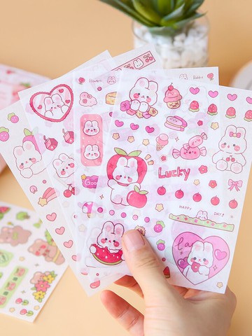 4張裝手帳貼紙套裝和紙可愛萌兔小熊韓國卡通少女心手賬素材初學者小清新兒童ins風diy裝飾小圖案貼畫一套