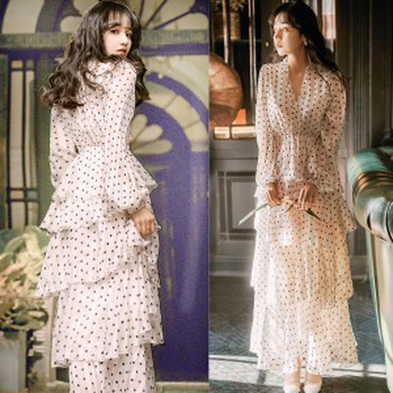 ワンピース レディース ドットワンピース シフォンワンピース 水玉 ワンピ 送料無料 ロング ティアード ウエストゴム レトロ 通販 Lineポイント最大1 0 Get Lineショッピング