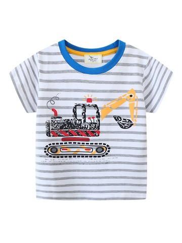 Jumping meters - 棉質圓領短袖上衣-童趣挖掘機-灰色條紋