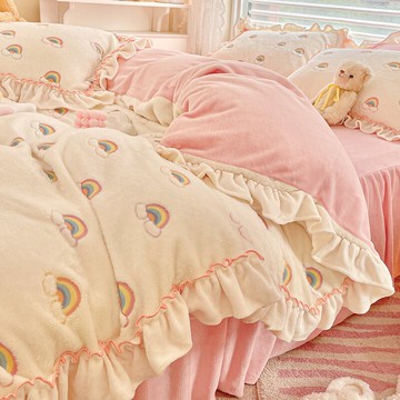 公主風床裙款牛奶法蘭絨床上四件套冬季雙面珊瑚絨被套加絨床單女