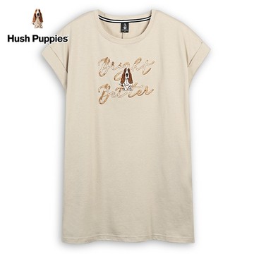 Hush Puppies 上衣 女裝雙色質感文字刺繡狗長版上衣