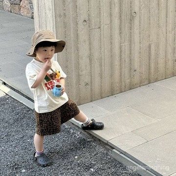 銷量破萬🏆 男童套裝2025夏季新兒童白色純棉短袖卡通印花T恤豹紋短褲潮 MGAA
