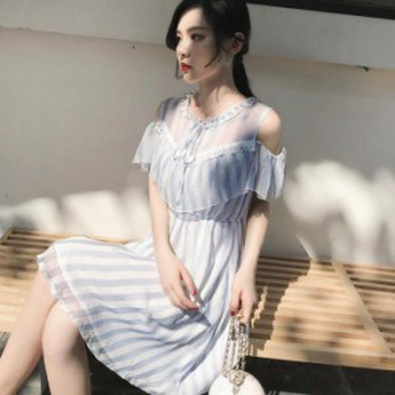 レディース春夏 フェミニン 清楚 ストライプ柄 フリル リボン オープンショルダー 半袖 ワンピース プチプラ かわいい おしゃれ ガー 通販 Lineポイント最大1 0 Get Lineショッピング