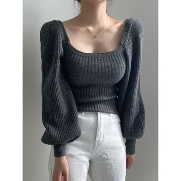 大碼胖妹妹秋冬法式復古氣質方領毛衣女泡泡燈籠袖鎖骨坑條針織衫