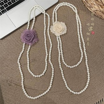 柏林花事~紫色玫瑰花朵珍珠項鏈女款2026新款疊戴長款毛衣鏈配飾