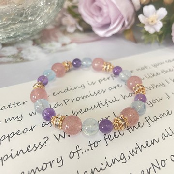 納菲萊女神 14K包金鑲鑽設計款水晶手鍊 草莓晶鑽海藍寶 紫水晶