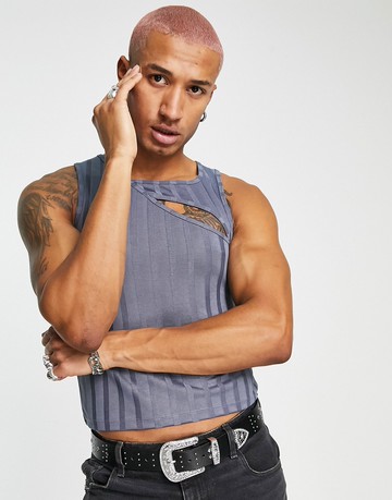 ASOS DESIGN skinny vest in grey shiny rib with cut outs