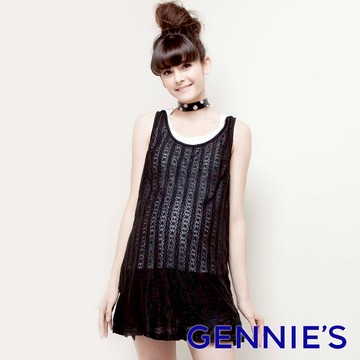 Gennies奇妮 四季皆宜涼爽蕾絲不規則背心上衣-灰/黑(G3312)