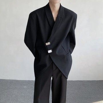 TANGZ STUDIO高級感斜襟金屬扣墊肩西裝外套男設計感寬松休閑西服