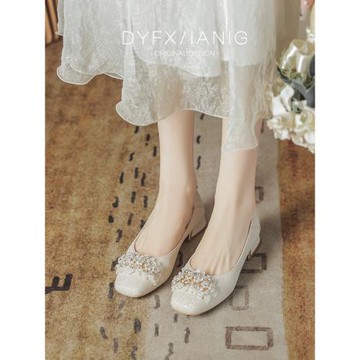 法式香檳色婚鞋女秀禾主婚紗淺口兩穿粗跟單鞋女新娘鞋伴娘不累腳