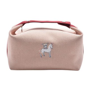HERMES 經典Trousse Bride-A-Brac格紋帆布刺繡拉鍊手提化妝包(棕紅色)