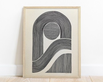 米色抽象拱形太陽原創線描藝術品臥室牆面藝術裝飾