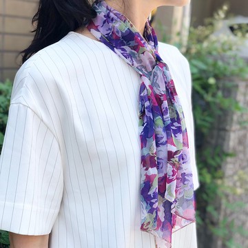 Ballett 典雅紫色調花卉印花雪紡絲巾 日本製造 可居家水洗