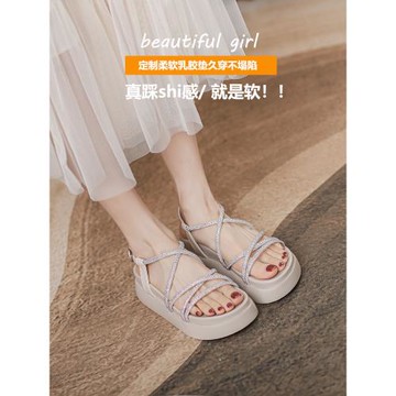 松糕厚底羅馬涼鞋女仙女風夏季2025新款軟底水鉆百搭時尚小碼外穿