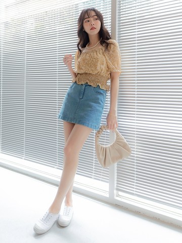 高腰鬆緊排釦刷色內裡褲A字牛仔短裙