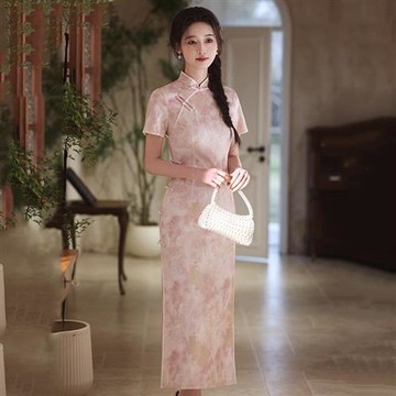 【米蘭精品】現貨+預購 新中式改良旗袍連身裙長裙A字裙百褶裙子大碼洋裝休閒女裝-復古修身日常2色74mb8