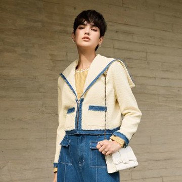 ILEY伊蕾 海軍領拼接丹寧小香短版外套(白；M-XL)