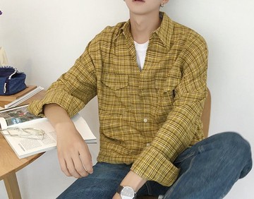 FINDSENSE H1 2018 秋季 新款 男 日本 文藝 復古 格子 寬鬆百搭 長袖襯衫 休閒 潮上衣